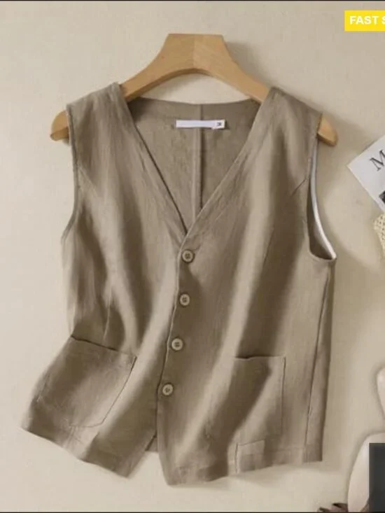Linen Vest Sleeveless Blazer Casual Business Chic Lightweight Waistcoat Top - Picture 6 of 6